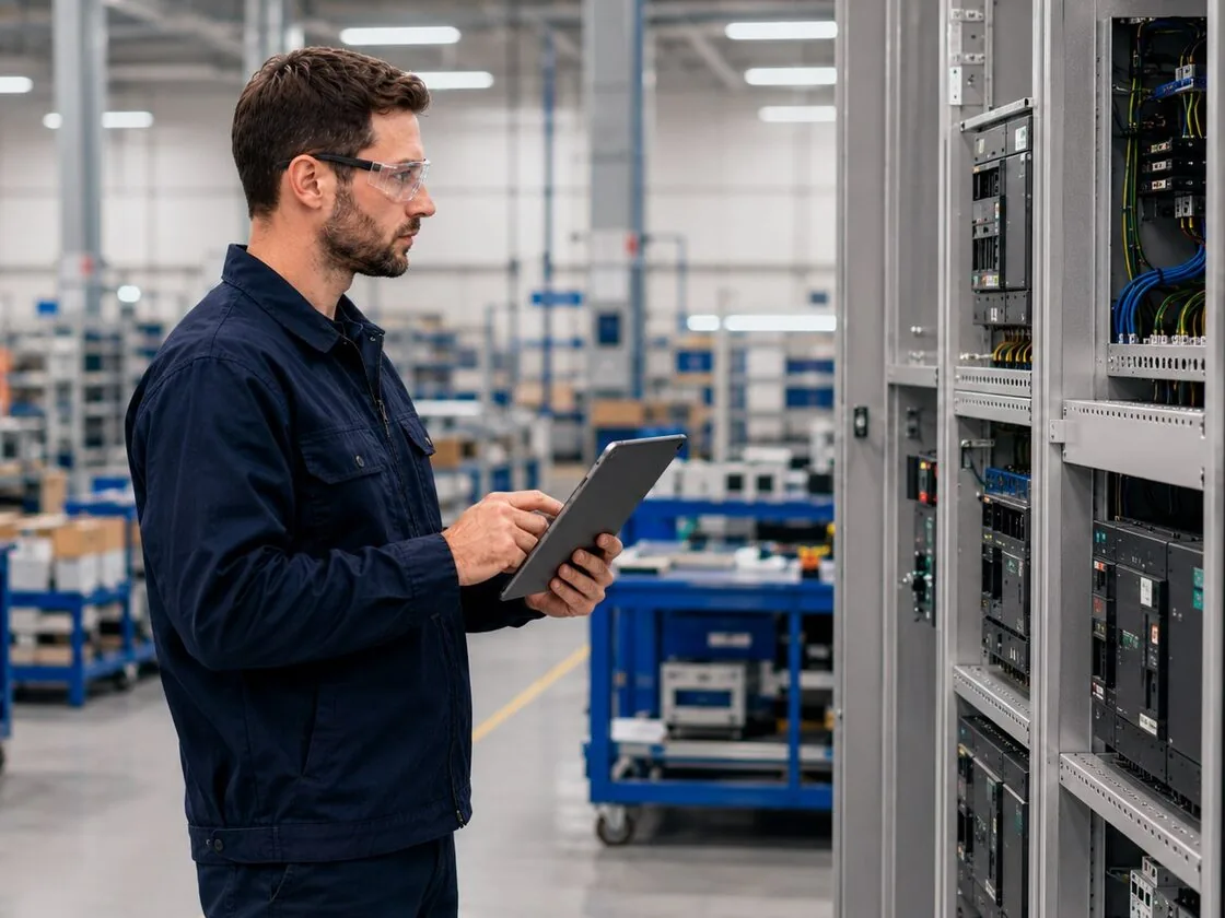 Manufacturing engineer reviewing a low-voltage switchgear panel on a tablet