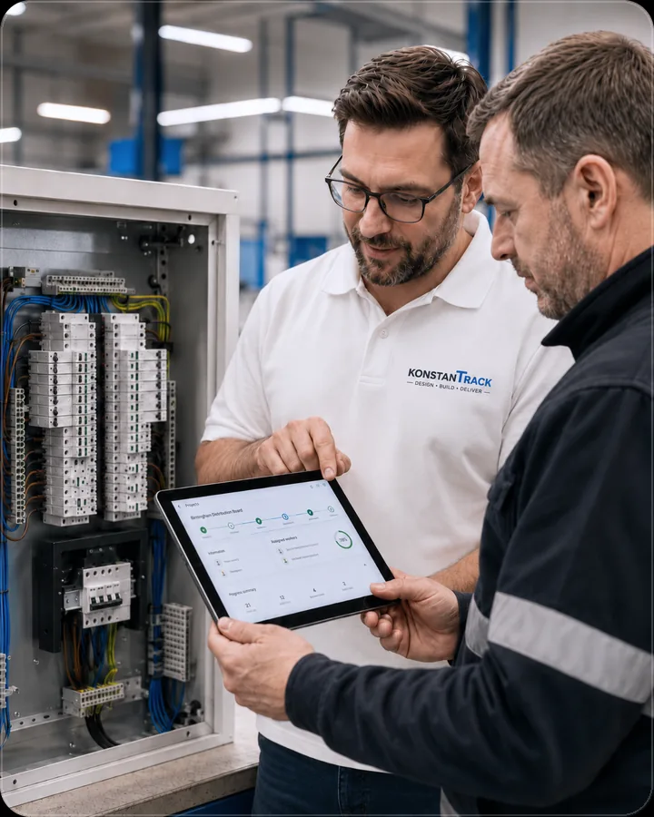 KonstanTrack engineers reviewing live job progress on a tablet beside a distribution board