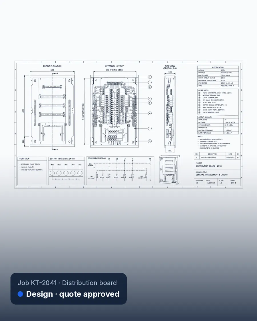 General arrangement and layout drawing of a distribution board at the design stage